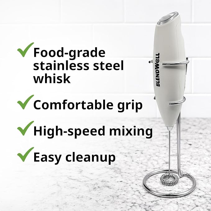 BlendWell Electric Milk Frother for Matcha and Coffee, Handheld Battery Operated Drink Mixer with Stand, Stainless Steel Whisk, White