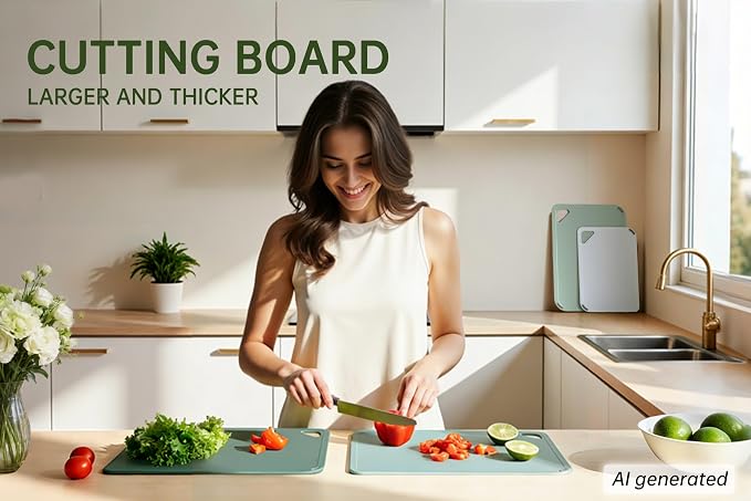 Plastic Cutting Board Set, Extra Large Cutting Board for Kitchen | Upgarded Set of 4, Non-Slip with Grip Handle, Large -Small Chopping Board for Cooking, Bpa Free, Dishwasher Safe, Sage Green