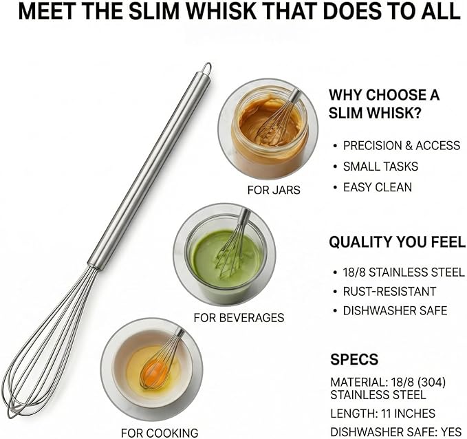 11-Inch Slim French Whisk, Small Whisk, 18/8 Stainless Steel, Long Handle | Thin Mini Wire Whisk Fits Mason Jars and Tumblers; for Eggs, Sauces, Dressings, Coffee and Protein Drinks; Dishwasher Safe