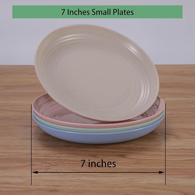 7 Inches Small Unbreakable Wheat Straw Plates - Reusable Plate Sets of 4 - Dishwasher & Microwave Safe - Perfect for Dinner Dishes - Healthy, BPA Free & Eco-Friendly (7 Inches)