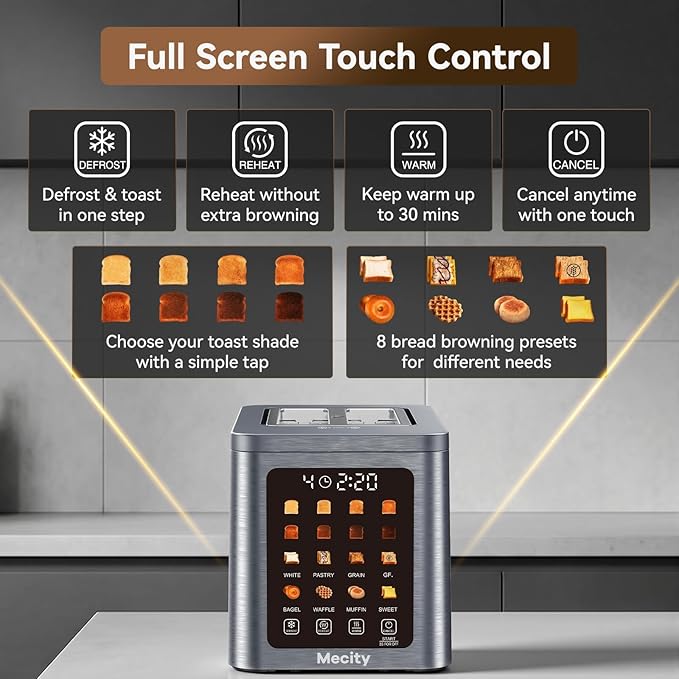 Mecity 2 Slice Smart Touchscreen Toaster, Stainless Steel Wide Slot Toasters with Auto Lift & 30-Minute Warm, Memory Function, Defrost & Auto Shutoff, Digital Electric Bread Toaster for Bagels