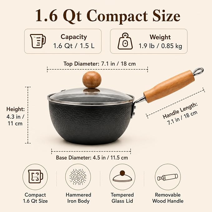 WANGYUANJI 1.6 Qt Small Iron Saucepan with Lid, 7.1-Inch Ramen Cooking Pot | Uncoated hammered iron body with removable wooden handle; ideal for ramen, milk, sauces and single-serve meals on induction.