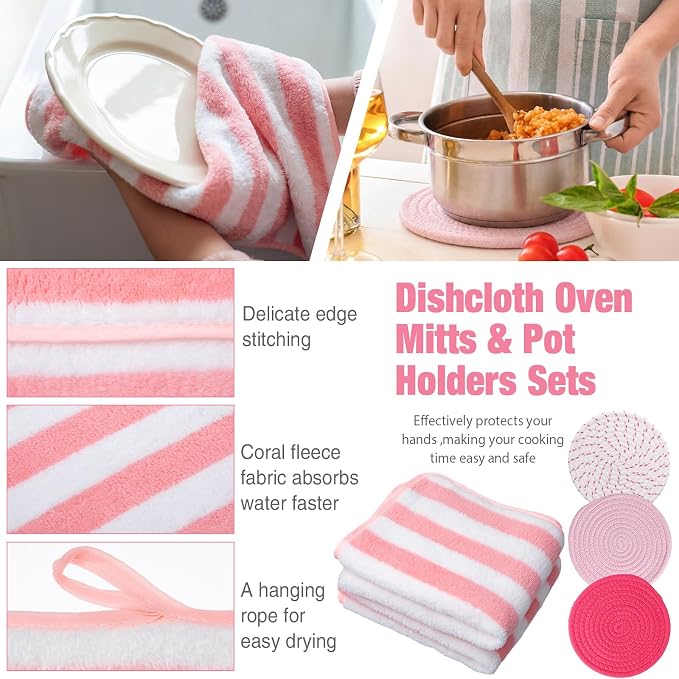 Zubebe Pink Oven Mitts and Pot Holders with Kitchen Towels Set of 7, Valentine's Day Gift for Women Heat Resistant Oven Gloves Kitchen Hand Towels Hot Pads for Cooking Baking(Heart)