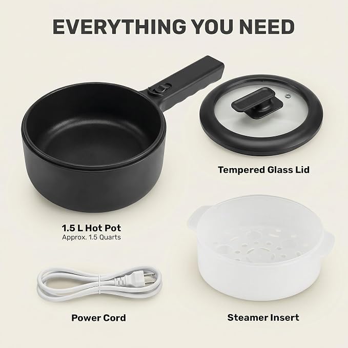 CERAMAX Electric Hot Pot 1.5L, Non-Stick Ceramic Skillet with Steamer & Lid for Ramen, Soup, Steak, Egg - BPA-Free, Non-Toxic, 350°F in 4 Min, Portable Electric Pan for Dorm, Travel, RV, Office, Black