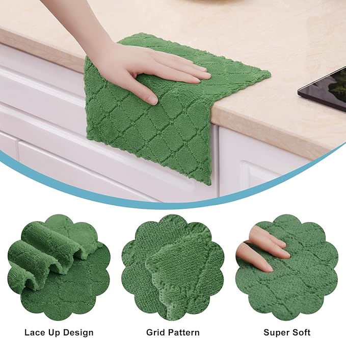 Homaxy 12 Pack Super Soft & Absorbent Dish Cloths, 10" x 10", Grass Green | Coral Velvet, Nonstick Oil Fast Drying Microfiber Cleaning Cloth, No Lint Household Dishcloths