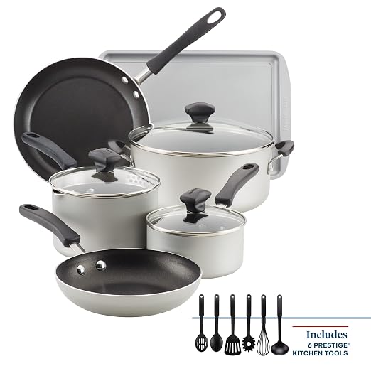 Farberware Cookstart Aluminum DiamondMax Nonstick Cookware Set, Kitchen Essentials, 5 Quarts, Silver