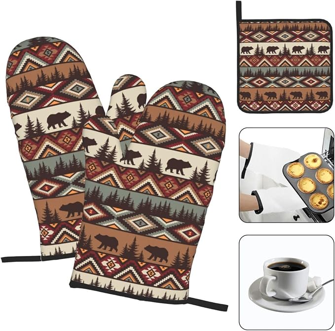 Vintage Rustic Oven Mitts and Pot Holders Sets Cabin Kitchen Decor | Set of 3 Heat Resistant Farmhouse Hot Pads Bear Mountain Oven Gloves for Kitchen Cooking BBQ Baking