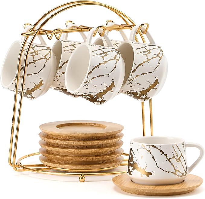 LUKA Ceramic Espresso Cups with Saucers and Metal Stand, Small 4 oz Porcelain Demitasse Cups Set of 6, Cute Cappuccino Coffee Cups for Double Espresso, Tea, Marbling White