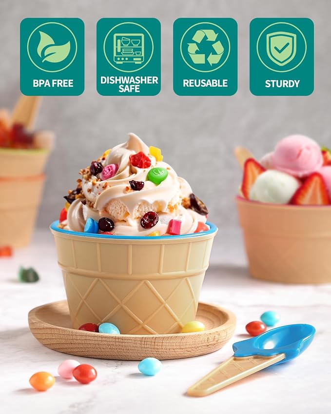 24 Pack Ice Cream Bowls and Spoons Set Plastic Cups Party Favor Gift | Reusable Cute Dessert Bowls Set For Graduation Birthday Parties Festive Durable Lovely Colorful DIY Frozen Yogurt Candy