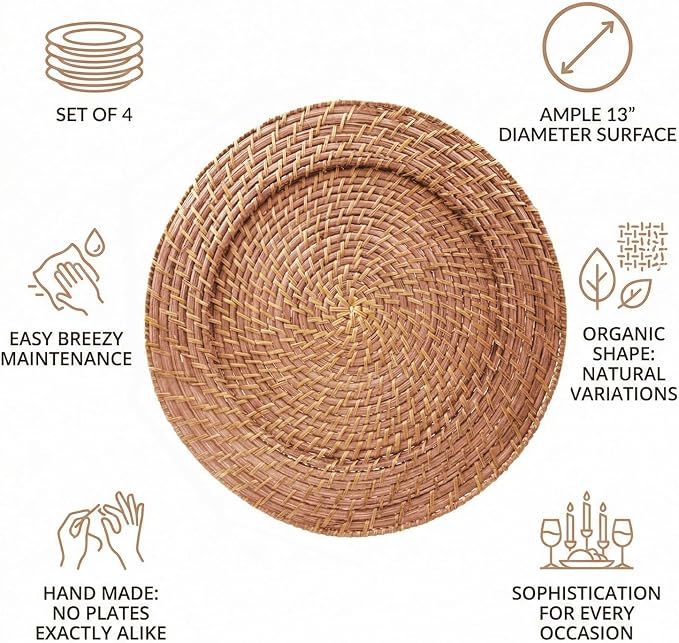 Ch, Charge it by Jay Harvest Round Rattan Charger Plate - Set of 4, brown | Handwoven Natural Rattan With Warm Finish, 13x13in Round Fit For Dinner Plates, Durable Charger Set For Weddings & Banquets