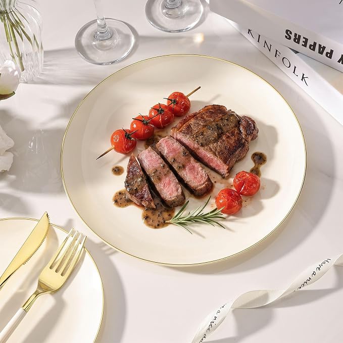 350 PCS lvory Plastic Dinnerware Set, lvory and Gold Rim Disposable Plates for 50 Guests, Include 100 lvory Plates with 150 Plastic Cutlery, 50 Napkins and 50 Cups