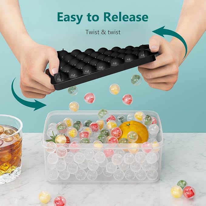 Optish Ice Cube Tray with Lid and Bin, 3 Pack Ice Trays for Freezer, 99 Pcs Round Ice Cube Mold, Ices Maker Bucket with Scoop for Cocktail, Coffee, Rv Accessories, Easy to Release (0.8 inch, Black)