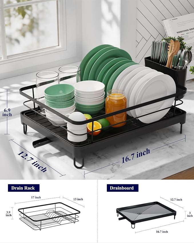 Kitsure Dish Drying Rack for Kitchen Counter, 12.7''W x 16.7''L, Black | Stainless Steel Sink Organization, Cutlery Holder, Home and Appartment Decor