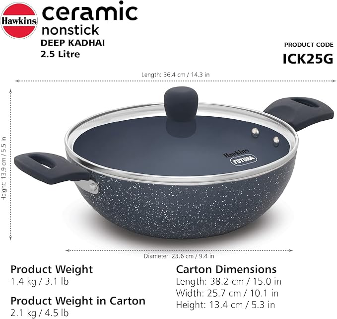 HAWKINS Ceramic Nonstick 2.5 Litre Deep Kadhai, Induction Deep Fry Pan with Glass Lid, Granite Kadai (ICK25G)