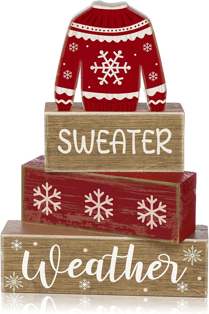 Lineshading 4 Pcs Christmas Table Decoration Wooden Block Signs Sweater | Red Ugly Sweater With Snowflake, Christmas Centerpiece For Tiered Tray, Rustic Wood Block Display, Home Shelf Decor