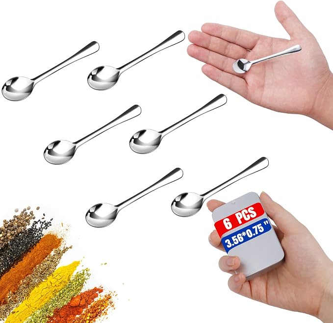 6PCS Tiny Spoons Upgraded Larger Size 3.56 inch - Mini Stainless Steel Spoons for Salt Jars Spice Jars, SUS 304 Food Grade Seasoning Spoon for Powder Spices, Pepper, Sugar, Coffee