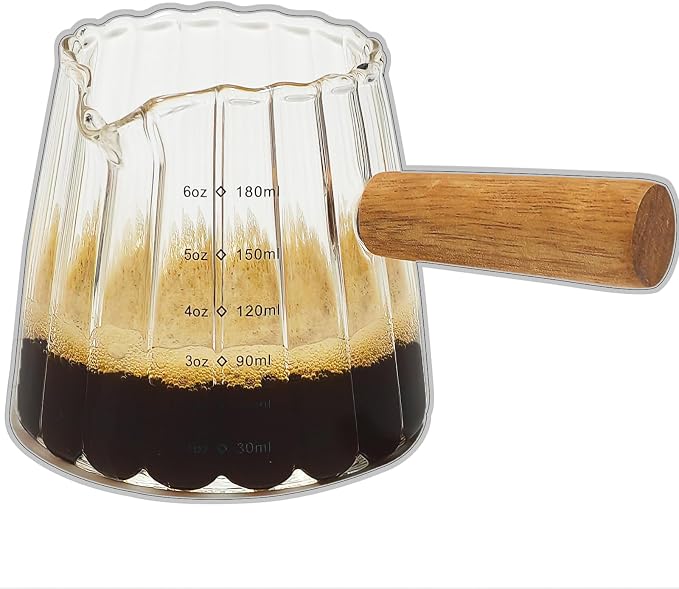 TIWPAJS Espresso Cups 6OZ, Espresso Accessories, Expresso Shots Cup, Espresso Shot Glass with V-Shaped Mouth, Ribbed Milk Frothing Pitcher, Glass Measuring Cup