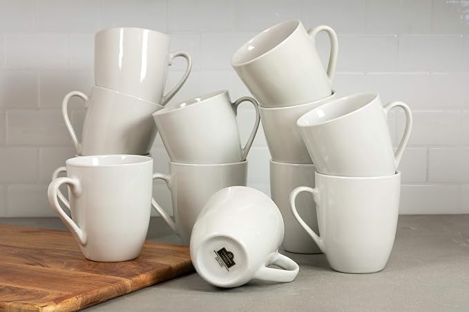 10 Strawberry Street Catering Ceramic 12 oz Coffee Mugs, Round, Set of 12, White - Coffee Cups for Coffee, Tea, Latte and Hot Beverages for Everyday Use, Microwave and Dishwasher Safe