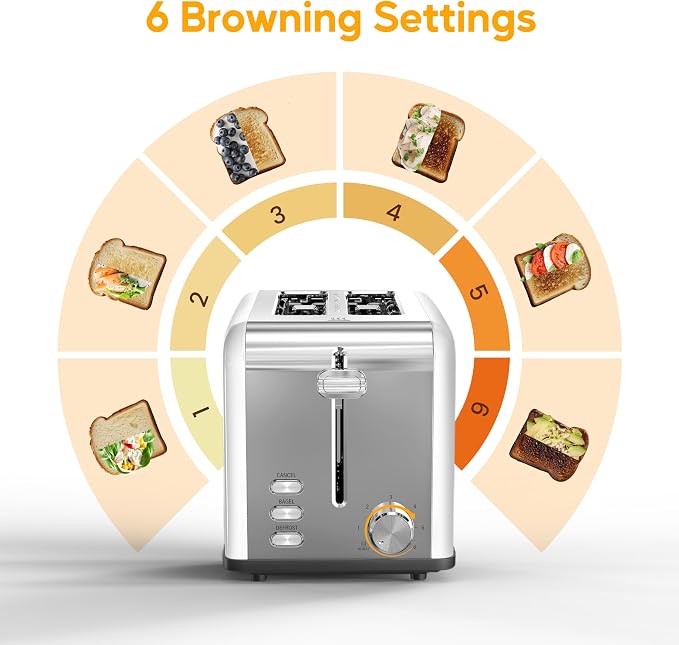 HealSmart 2-Slice Stainless Steel Toaster, 6 Browning Setting and 3 Function Toaster, Extra Wide Slot & Removable Crumb Tray, for Bread & Waffle, White
