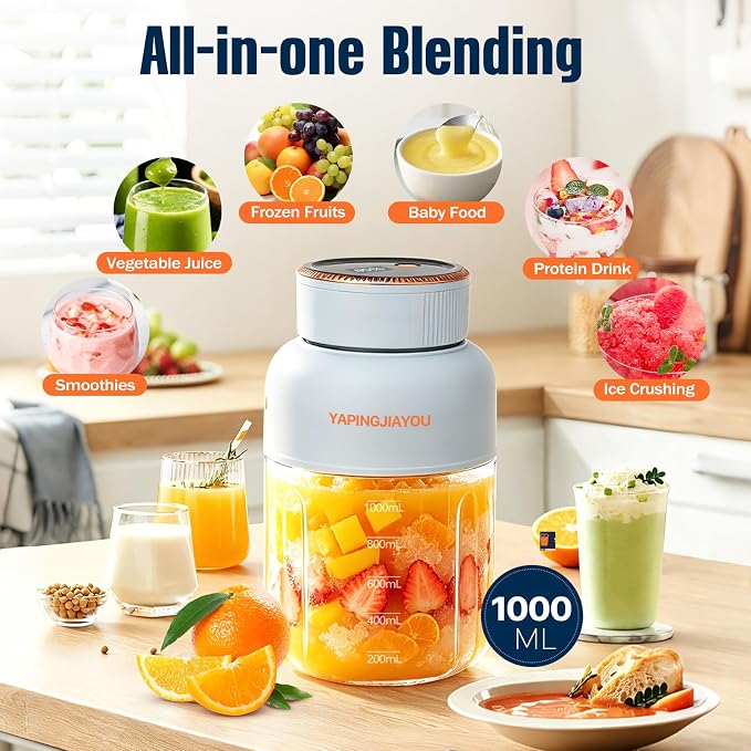 Portable Blender, Personal Smoothie juicer, Shaker blender, 33oz USB portable rechargeable juicer cup with 38 Blades for Kitchen, Travel, Gym， Office – Sky Blue