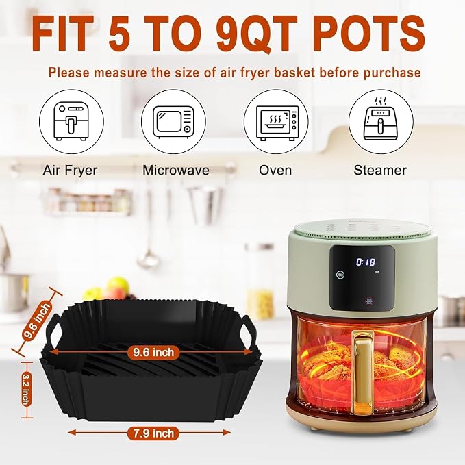 Large Silicone Air Fryer Liners Square 5-9 QT, 7.9 Inch Airfryer Liners Reusable 2 Pack Air Fryer Liners Pot Oven Liner Baking Tray, Air Fryer Basket Silicone Mat Bowl Air Fryer Accessories