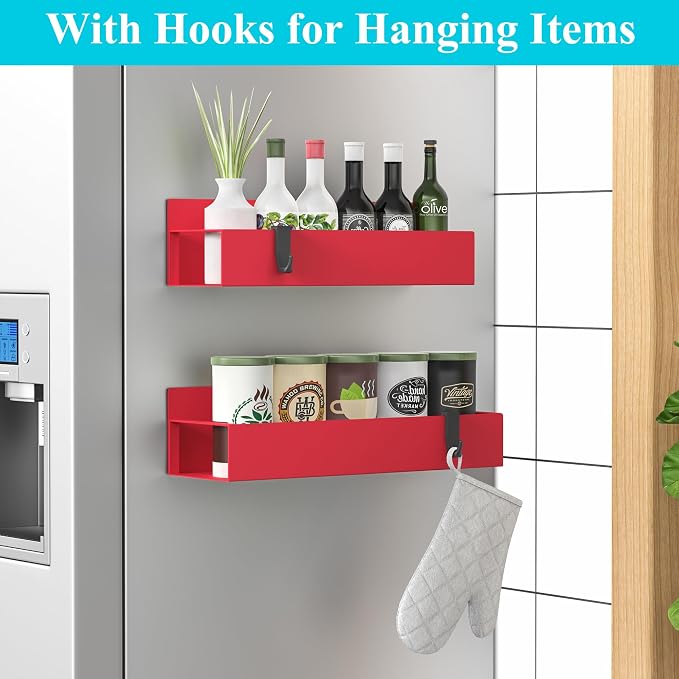 2 Pack Magnetic Spice Storage Rack Organizer for Refrigerator and Oven, Red Fridge Organizers and Storage | Magnetic Shelves Heavy Duty for Fridge in Kitchen, Seasoning Storage Organizer, For Oven Washer and Dryer, For Heavier Items