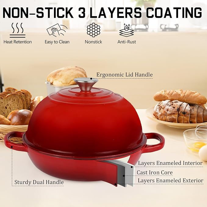 Enameled Cast Iron Bread Oven Dutch Oven Pot with Lid Bread Dutch Oven Red | for Sourdough Bread Baking, 6 Quarts 10" Bread Pan with Dome Lid, Non-stick Cookware for Homemade Bread