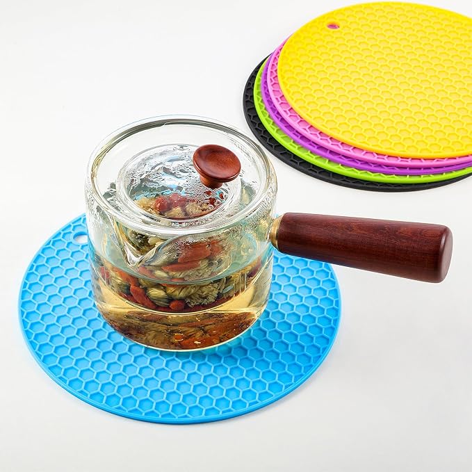 Boao 6 Pack Silicone Trivets Mat, Hot Pad Mat, Pot Holder, Silicone Hot Pad for Kitchen Counter (Black,Yellow,Purple,Green,Red,Blue)