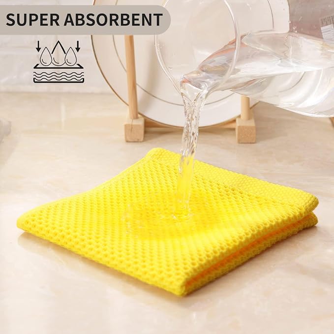 Kitinjoy 100% Cotton Waffle 6-Pack Kitchen Towels, 12" x 12", Yellow | Ultra Absorbent, Super Soft, lightweight, Quick Drying Dish Rags for Washing Dishes