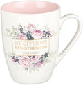 Christian Art Gifts Encouraging Golden Scripture Ceramic Coffee & Tea Mug for Women: He Gives Me New Strength Inspirational Psalm Bible Verse, Cadmium/Lead-free Novelty Cup, White/Pink Floral, 12 oz.