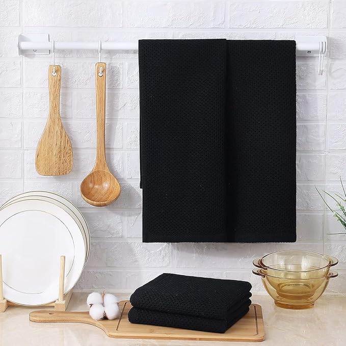 Kitinjoy 100% Cotton Waffle 12-Pack Kitchen Towels, 13" x 28", Black | Super Soft, Ultra-Absorbent, Fast Drying, lightweight, Quick Drying Kitchen Hand Towels