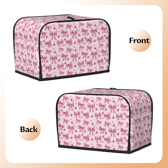 2 Slice Toaster Cover Pink Bow Pattern Cherry Dust Proof Washable Kitchen Appliance Cover with Pocket, Oxford Fabric Countertop Toaster Protector for Standard Toasters Small Appliances