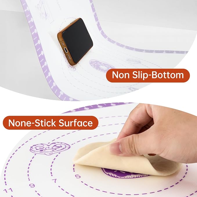 Silicone Pastry Mat with 10 Useful Recipes, Silicone Mat for Baking, Dough Rolling for Bread, Cookie, Macaron, Pizza, Surdough, Pastry Non Stick Silicone Mat for Counter