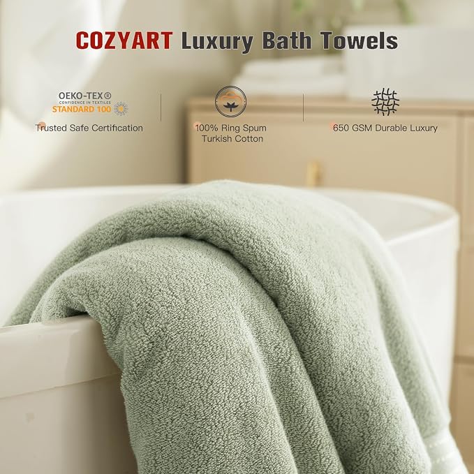COZYART Luxury Bath Towel Set 6 Pcs, Sage Green 100% Turkish Cotton 650 GSM | OEKO-Tex 100 Certified Zero Twist Ring Spun, Soft Absorbent Quick Dry, Plush Fluffy, Breathable Hotel Quality for Daily Use