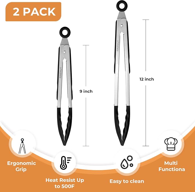 Stainless Steel&Silicone Food Tongs Set of 2 (9+12 Inch)-BPA-Free&Non-Toxic Heat Resistant Non-Scratch BBQ&Cooking Tools,Strong Grip Locking for Grilling,Air Fryer,Salad,Dishwasher Safe