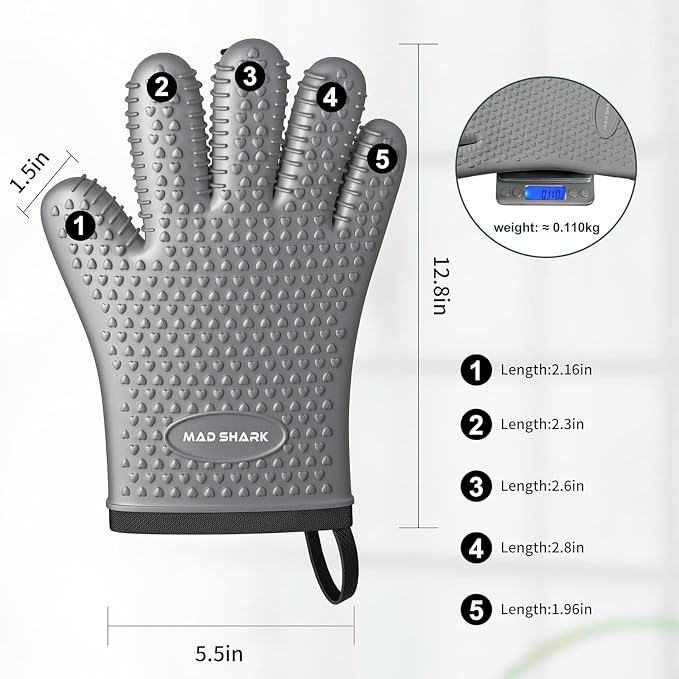 MAD SHARK Silicone Oven Mitts with Fingers Heat Resistant 450°F in Kitchen | Waterproof & Non-Slip Oven Gloves,Cotton Lined Silicone Kitchen Mitts for Baking Cooking Barbecue,Women (Grey)