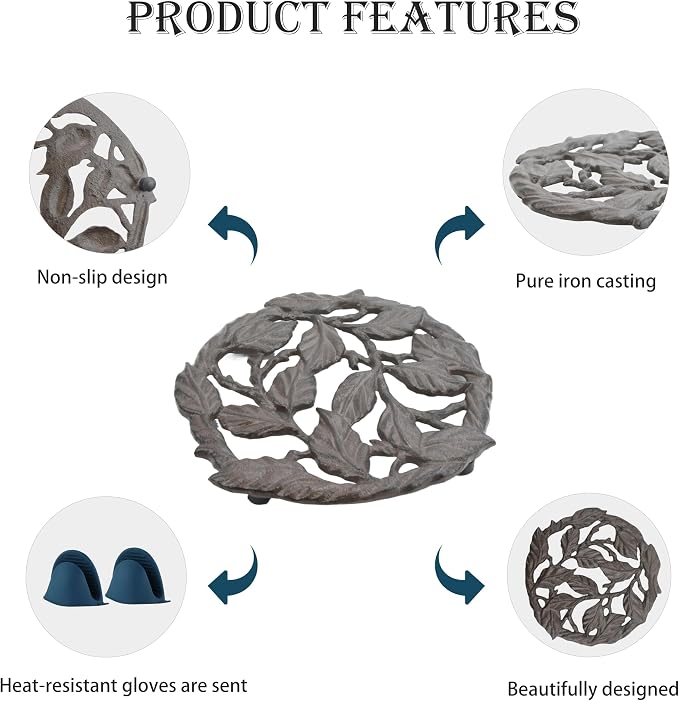 Cast Iron Trivet, 7.28 inch Metal Trivet for Hot Dishes, Heat-Resistant Decorative Trivets to Protect Dining Countertop or Kitchen Decoration with 2 Silicone Mini Pinch Mitts