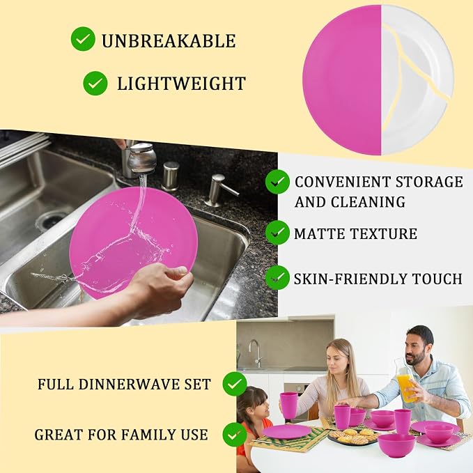 PYRMONT Wheat Straw Plates and Bowls Sets 40 PCS Unbreakable Dishes Set for 8 Microwave & Dishwasher Safe Dinnerware Sets for Kitchen,Party,RV Camping Dishes-Pink Matte