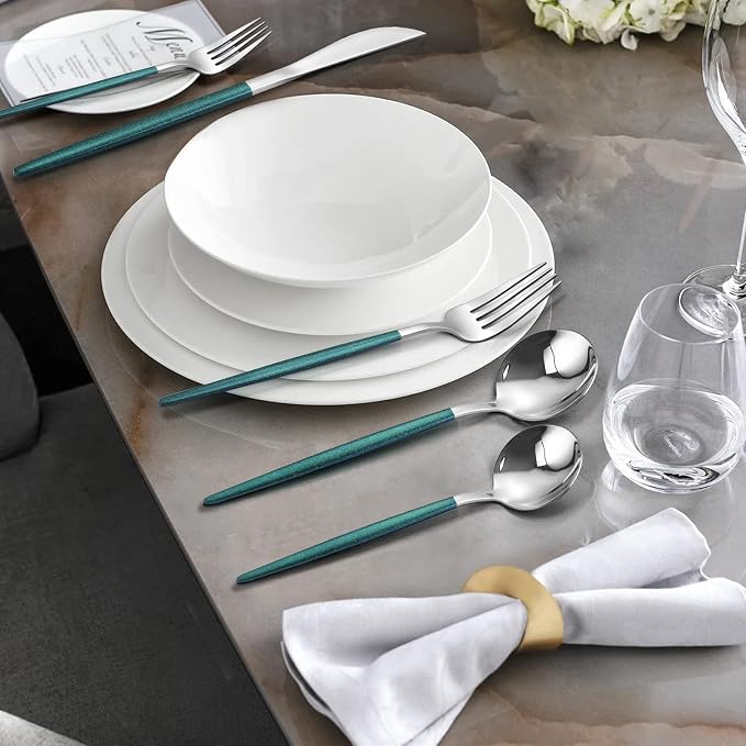 VANVRO Mirror Silver Green Silverware Set, 20-Piece Stainless Steel Flatware Set, Satin Finish tableware Cutlery Set, Service for 4, Home and Restaurant, Dishwasher Safe