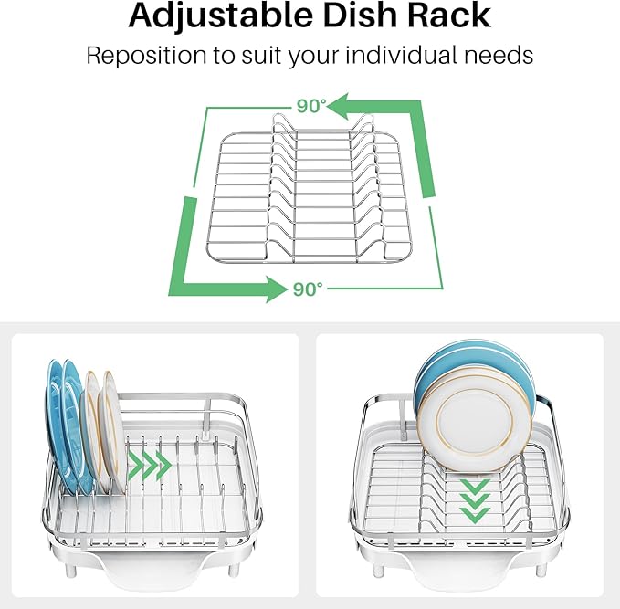 SNTD Expandable Dish Drying Rack for Kitchen Counter, 15.2-22.1 in, White | Rust-Resistant Stainless Steel, Protective Side Rails, Self-Draining Drainboard, Removable Utensil Holder