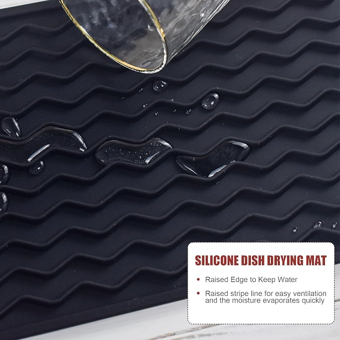 Silicone Dish Drying Mat, Non-Slip Easy Clean Sink Mat, Dark Blue, 12"x6" | Quick-Dry Ridges, Large Heat-resistant Dish Drainer Mat for Kitchen Counter, Hangable & Roll-Up for Storage, Dishwasher Safe