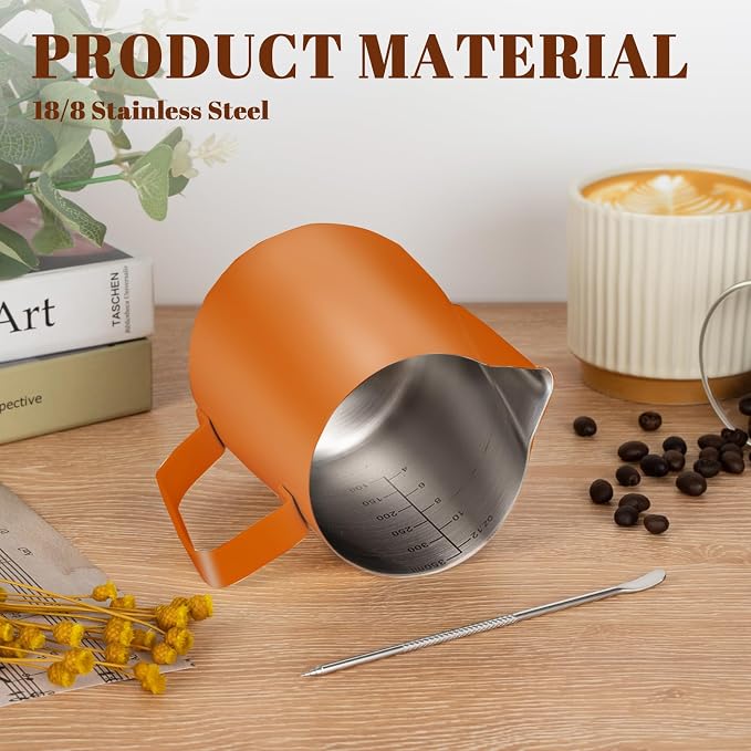 Amrules Milk Frothing Pitcher 12oz Frother Cup Barista Tools, Orange | 18/8 Stainless Steel, 12oz Capacity with Clear Scale, with Decorating Pen, Ergonomic Handle, for Cappuccino, Latte & Espresso