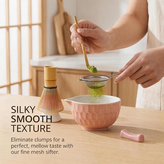 Matcha Whisk Set – Ceramic Matcha Bowl with Pour Spout, Bamboo Whisk, Whisk Holder, Scoop, Sifter – Japanese Matcha Kit for Beginners (Pink)