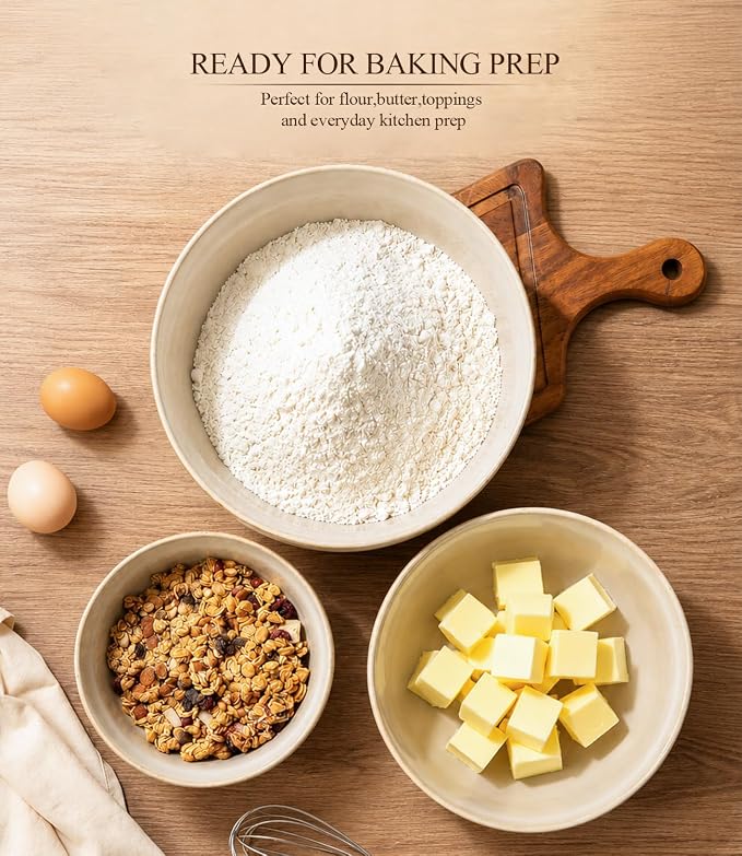 GBhome Ceramic Mixing Bowls Set of 3, Stoneware Nesting Serving Bowls | 45/90/150 oz For Prep, Baking, Serving, Gift, Microwave and Dishwasher Safe, Ribbed Dishware Collection,Cappuccino