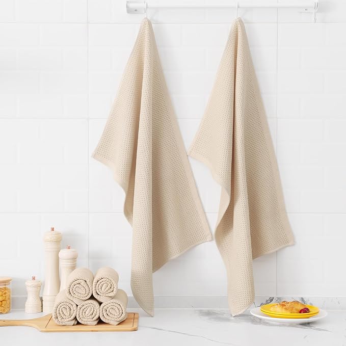 Kitinjoy 100% Cotton Waffle 4-Pack Kitchen Towels, 20" x 28", Beige | Super Soft, Ultra-Absorbent, Fast Drying, lightweight, Quick Drying Kitchen Hand Towels