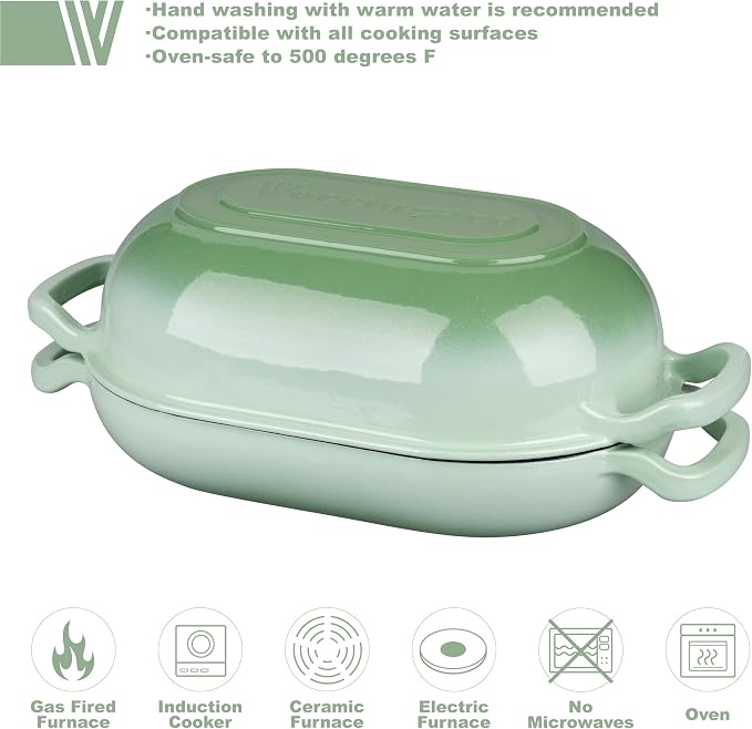 VORRINGARD Enameled Cast Iron Sourdough Bread Oven, Dutch Oven, Loaf Cast Iron Bread Pan for Homemade Bread Baking, Meatloaf Pan with Lid, 7QT, Green