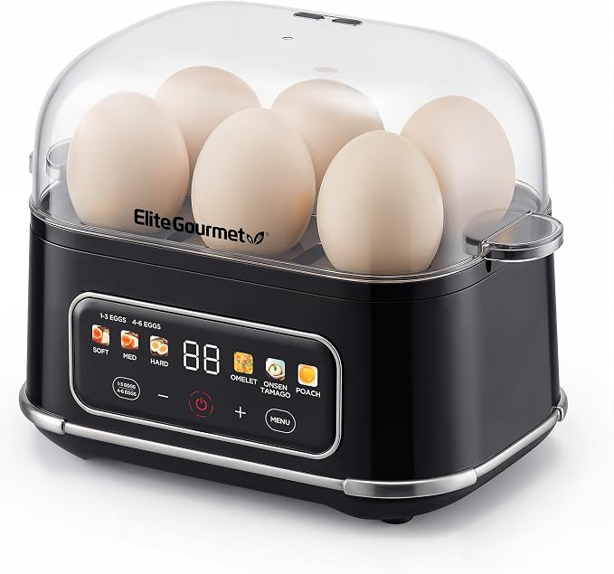 Elite Gourmet Digital Egg Cooker, 6-Egg, Onsen Tamago, Black | One-touch menu cooks soft, medium, or hard-boiled eggs plus poached eggs and omelets - audible alert on/off - auto shut-off
