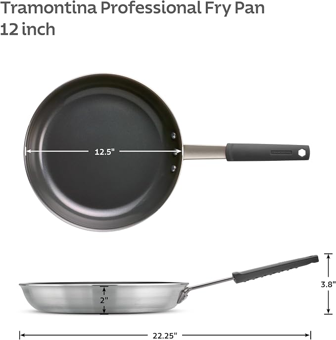 Tramontina Professional 12-Inch Non Stick Large Frying Pan | Heavy-Gauge Aluminum Skillet with Reinforced Nonstick Coating, Gray Handle, Dishwasher and Oven Safe