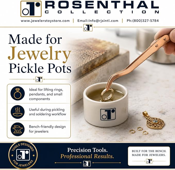 Rosenthal Collection – Curved Copper Tongs for Jewelry Pickle Pots – Precision Tweezers for Soldering, Acid Baths & Pickling Tools (8.5 inches)