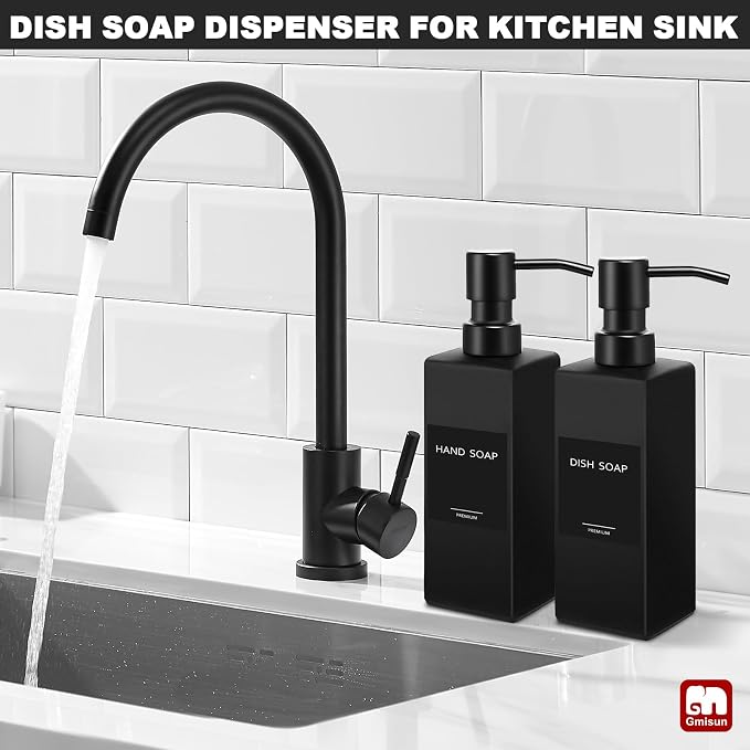 GMISUN Black Soap Dispenser Bathroom, Glass Hand Soap Dispenser with Stainless Steel Pump, 12 fl oz/350ml Refillable Dish Dispensers for Kitchen, Modern Liquid Lotion Bottles for Bathroom Countertop